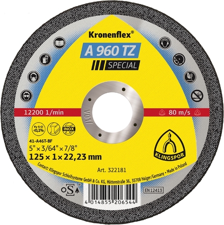 25 Disques à tronçonner KT SPECIAL A960TZ S GER 125X1X22,23 KLINGSPOR - 322181