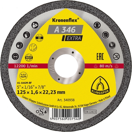 25 Disques à tronçonner KT EXTRA A346EX S GER 125X1,6X22,23 KLINGSPOR - 340938