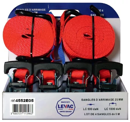 PACK 4 SANGLES ARRIMAGE 5M LARGEUR 25MM CROCHET S LEVAC L0234552E05