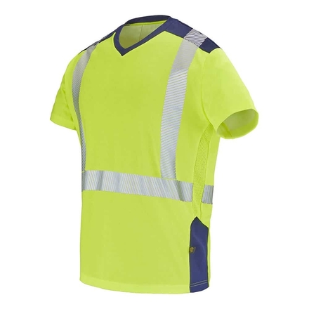 T-SHIRT SIROCCO MANCHES COURTES JAUNE FLUO / BLEU MARINE - CEPOVETT - 22-9T84PI-701