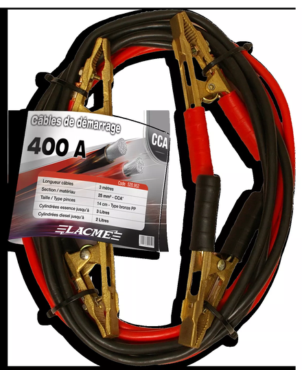 Câble de démarrage 400 a. 3 m - 25 mm² - cca.câble robuste et pinces type bronze LACME - 520952