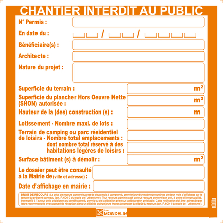 PANNEAU PERMIS DE CONSTRUIRE 80 X 80 - MONDELIN - 802250