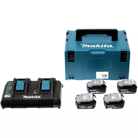 PACK ÉNERGIE MAKITA 18 V LI-ION (4 BATTERIES 18 V 4 AH + 1 CHARGEUR DOUBLE) AVEC COFFRET MAK-PAC - 197503-4