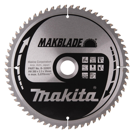 Lame de scie carbure MAKITA MakBlade Ø260 mm alésage 30 mm 60 dents - B-32801