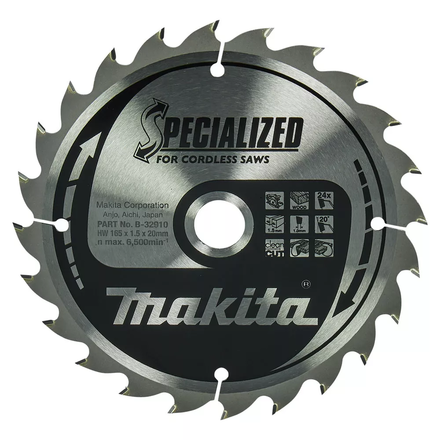 Lame carbure MAKITA ''Specialized'' Bois pour scies circulaires diamètre 165mm x 20 x 24 dents - B32910