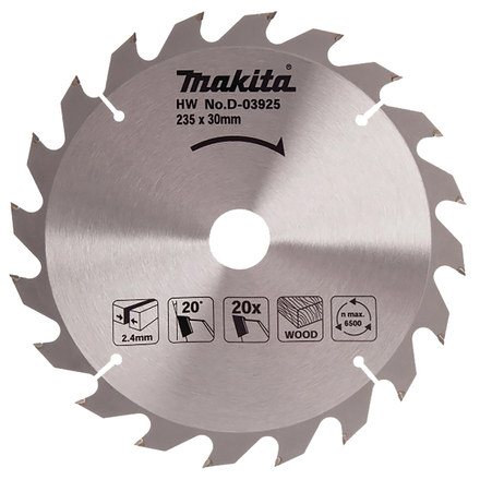 LAME CARBURE MAKITA Ø 235 MM STANDARD BOIS POUR SCIE CIRCULAIRE 20 DENTS -D-03925