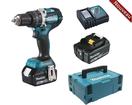 Perceuse à percussion MAKITA sans fil 18 V 2 batteries 5 Ah 13 mm chargeur et un coffret MAK PAC - DHP484RTJ