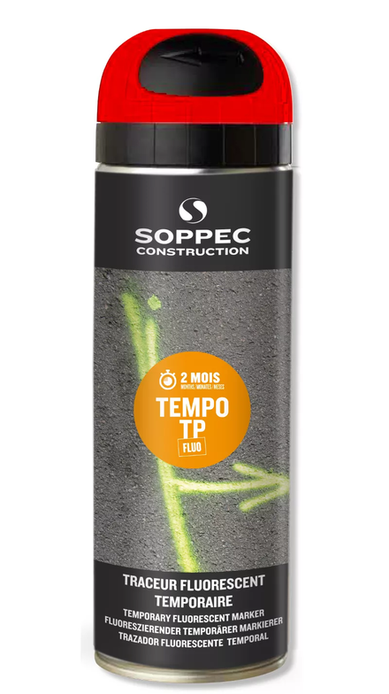 Bombe de peinture - Traceur de chantier SOPPEC rouge fluo temporaire 2-8 semaines - 141613