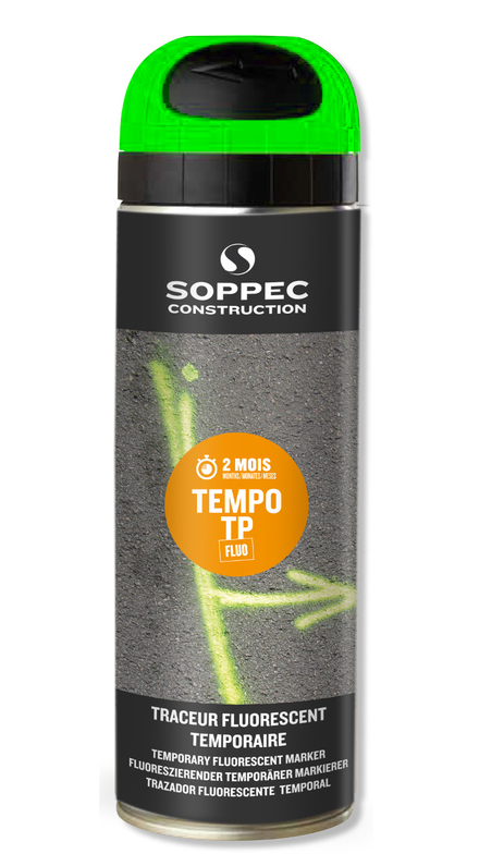 Bombe de peinture traceur de chantier SOPPEC vert fluo temporaire 2-8 semaines 141618