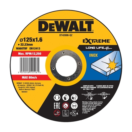 Disque à tronçonner l'inox 125 x 22,2 mm, épaisseur 1.6 mm, moyeu plat - DT43906-QZ - DEWALT