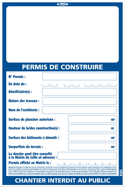 Panneau Permis de construire grand modèle 800 x 1200 mm - TALIAPLAST - 570101