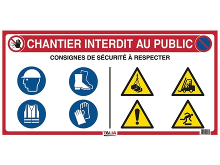 Panneau de chantier interdit au public 800 x 400 mm avec consignes de sécurité 620016