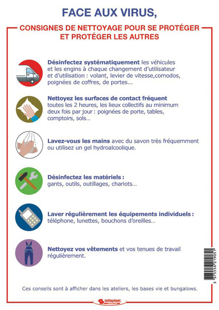 Signalétique COVID-19 Les consignes de nettoyage pour se proteger (covid-19) TALIAPLAST - 621905