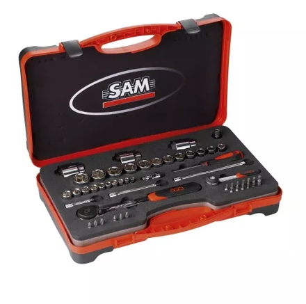 COFFRET SAM OUTILLAGE DOUILLES ET ACCESSOIRES 1/4 ET 1/2 - 52 OUTILS -75RS1