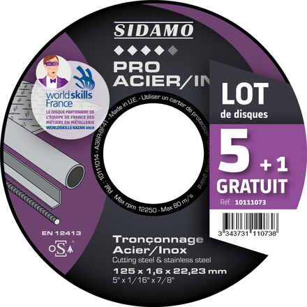LOT DE 5 DISQUES A TRONCONNER D.125 x 1.6 x 22,23 PRO ACIER INOX SIDAMO 10111073