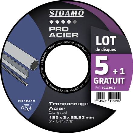 LOT DE 5 PRO ACIER + 1 OFFERT D.125 x 3 x 22,23 SIDAMO - 10111079