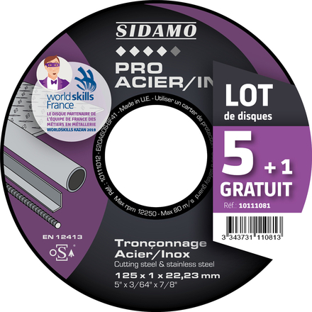 LOT DE 5 PRO ACIER INOX + 1 OFFERT D.125 x 1 x 22,23 SIDAMO - 10111081