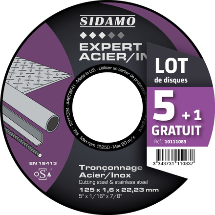 LOT DE 5 DISQUES A TRONCONNER D.125 x 1.6 x 22,23 EXPERT ACIER INOX SIDAMO 10111083