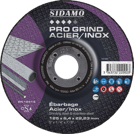 Disque à ébarber PRO GRIND ACIER INOX D. 125 x 6,4 x Al. 22,23 mm - Acier, Inox - SIDAMO - 10222002
