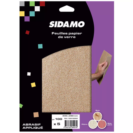 BLISTER DE 5 FEUILLES PAPIER DE VERRE 230X280 GR.ASSORTIS SIDAMO - 10910004