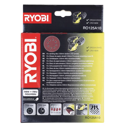 10 disques RYOBI RO125A10 diamètre 125 mm grain 100 / 120 / 240 / 320 - 5132002608