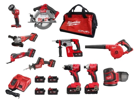 Powerpack 10 machines MILWAUKEE 18V FUEL M18 FPP8H-504B + SOUFFLEUR ET PONCEUSE 125MM