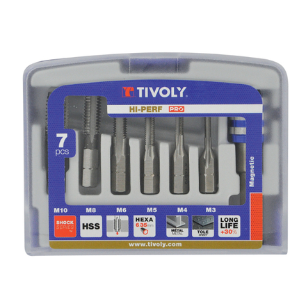 7 pièces - 6 tarauds HSS queue hexagonale M3 à M10 -Porte-embout Quick change TIVOLY - 10503070001