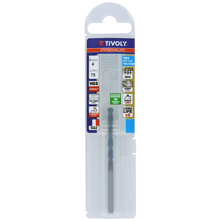 Foret métaux HSS-E5 TBX -Revêtu BLADE -DIN338 -h8 -Affûtage 4 faces Ø: 4 L: 75 TIVOLY - 11456140400