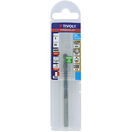 Foret métaux HSS-E5 TBX -Revêtu BLADE -DIN338 -h8 -Affûtage 4 faces Ø: 5 L: 86 TIVOLY - 11456140500