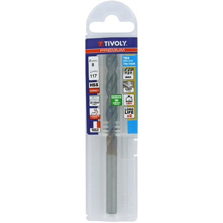 Foret métaux HSS-E5 TBX -Revêtu BLADE -DIN338 -h8 -Affûtage 4 faces Ø: 8 L: 117 TIVOLY - 11456140800