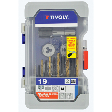 19 pièces -6 tarauds DIN 352 + 6 filières hexagonales M3 à M10 + 1 tourne à gauche + 6 forets HSS rectifiés revêtu TiN TIVOLY - 11900970015