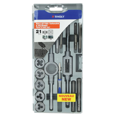 21 pièces -9 tarauds M3 à M12 + 9 filières M3 à M12 + 1 tournevis + 1 porte-taraud + 1 porte-filière TIVOLY - 11900970018