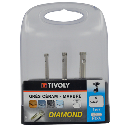 3 forets diamant Ø 5 à 8mm queue hexagonal TIVOLY - 12000540001