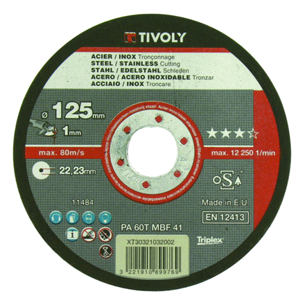 Disque à tronçonner -Spécial faible épaisseur -Pour le métal / Ø: 125 / Ep: 1 TIVOLY - XT30321032002