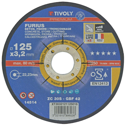 Disque à tronçonner FURIUS -pour matériaux / Ø: 230 / Ep: 3.2 TIVOLY - XT3032121230019