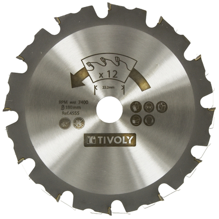 Disque à tronconner - Pour bois et bois avec clous enfoncés -Pour meuleuse Ø: 180 x Ø2: 22.2 x Z: 12 TIVOLY - XT50512004555