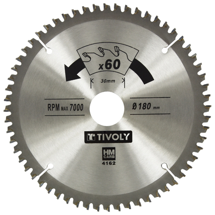 Lames de scie circulaire -Finition -Pour plastique, aluminium, bois durs -Pour scie portative Ø: 180 x Ø2: 30 x Z: 60 TIVOLY - XT50514004162