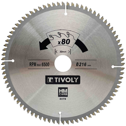 Lame de scie circulaire -Finition - Pour Bois dur, stratifié, parquet -Pour scie radiale Ø: 216 x Ø2: 30 x Z: 80 TIVOLY - XT50514004478