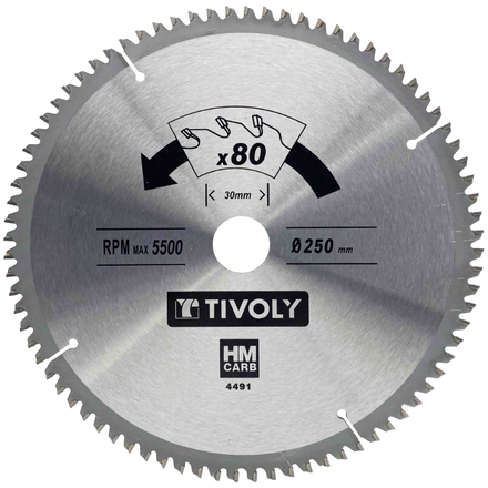 Lames de scie circulaire -Finition -Pour plastique, aluminium, Bois durs -Pour scie radiale et de table Ø: 250 x Ø2: 30 x Z: 80 TIVOLY - XT50514004491