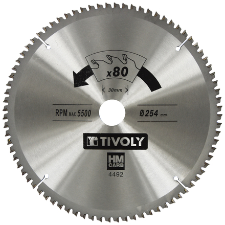 Lames de scie circulaire -Finition -Pour plastique, aluminium, Bois durs -Pour scie radiale et de table Ø: 254 x Ø2: 30 x Z: 80 TIVOLY - XT50514004492
