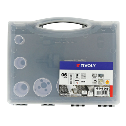 Mallette de 9 pièces - 6 scies cloches bi-métal HSS Ø 22 à 68mm + 2 arbres pilotes + 1 adaptateur TIVOLY - XT50527052700