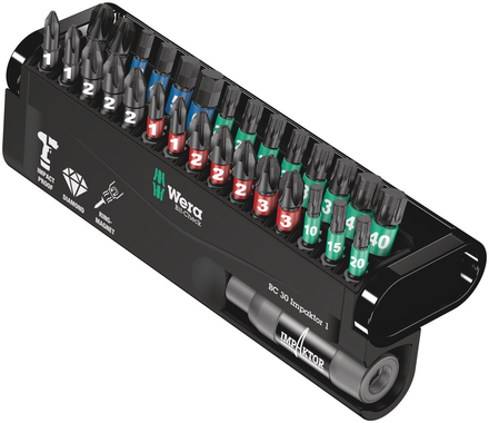 Jeu d'embouts 30 pièces WERA - cruciforme Phillips, vis Pozidriv, TORX intérieur, 6 pans intérieurs - 05057690001