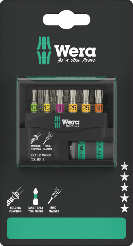 Jeu d'embouts avec porte-embouts Bit-Check 12 Wood TORX HF 1 SB Wera - 05073641001
